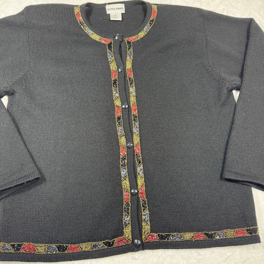 Alfred Dunner Wool Blend Womens Large Embellished Trim Black Button Down Sweater - Picture 4 of 7